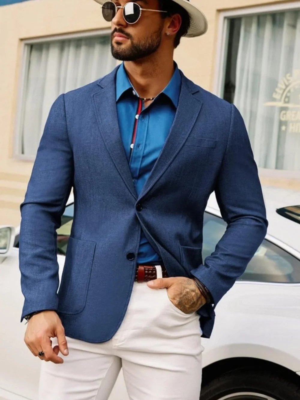 Men's Navy Blue Casual Blazer - Classic Two-Button Jacket Grace Karin NWT XL